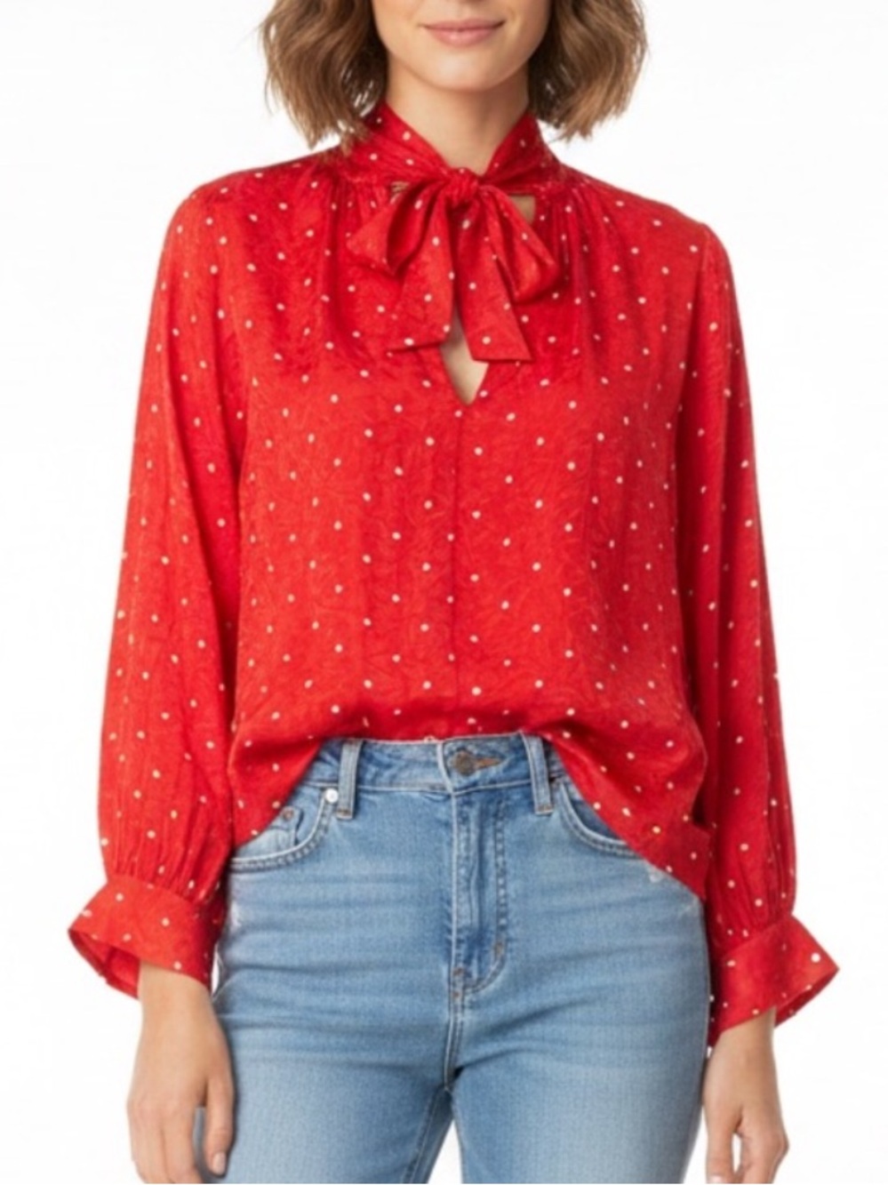 MAJE Stunning Holiday Red Polka Dot & Floral Blouse Top Sz 38/S NWT $224!!